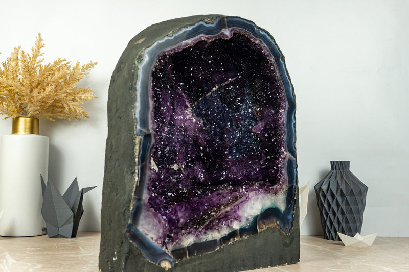Large Amethyst Cave Geode with Galaxy Druzy and Banded Agate