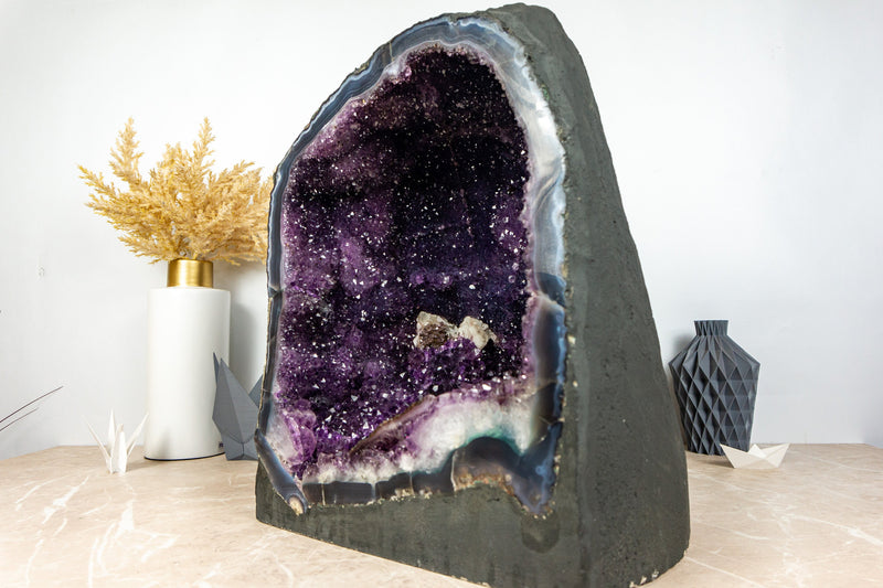Large Amethyst Cave Geode with Galaxy Druzy and Banded Agate