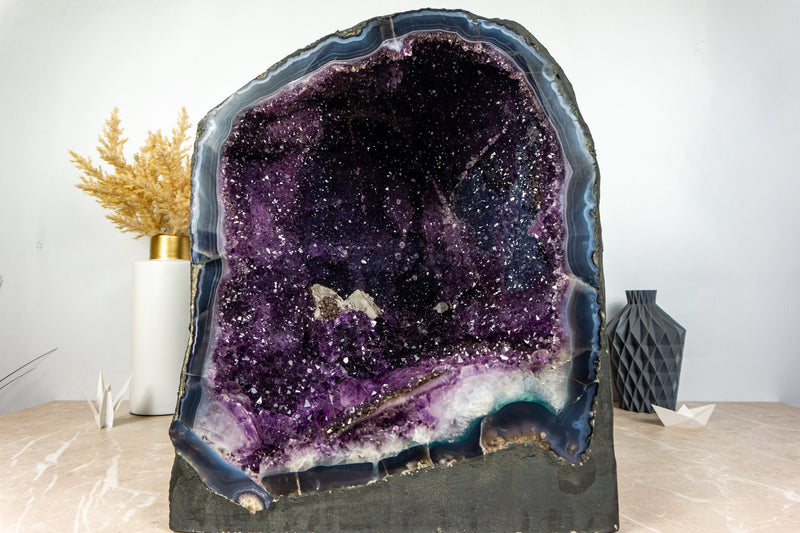 Large Amethyst Cave Geode with Galaxy Druzy and Banded Agate