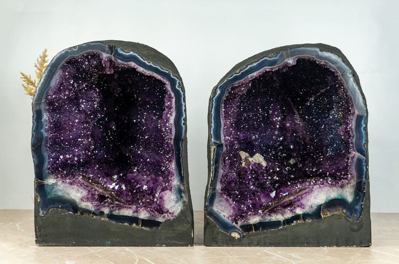 Pair of Amethyst Geodes with Deep Purple Galaxy Druzy Amethyst