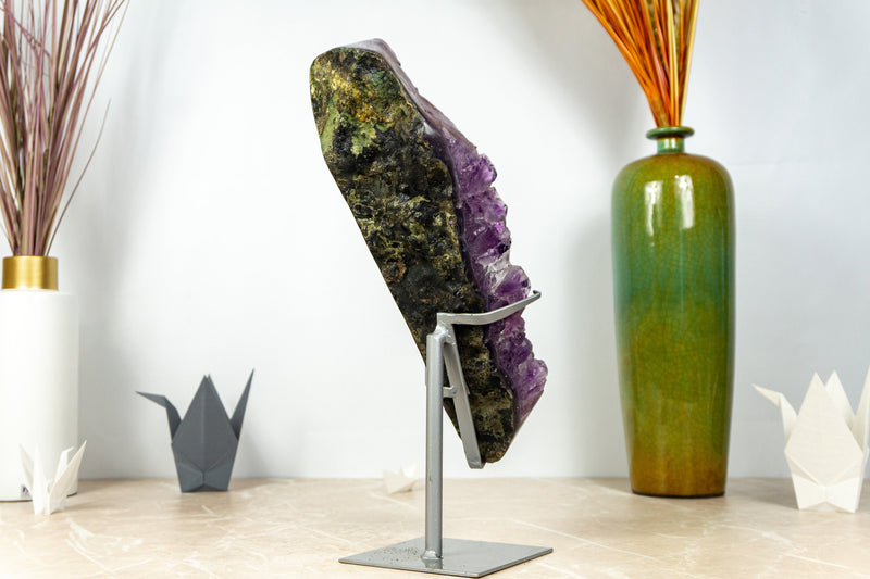 Tall Amethyst Cluster with Large Purple Amethyst Druzy on Stand