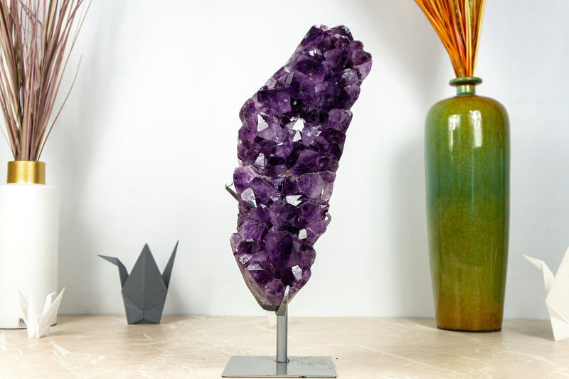 Tall Amethyst Cluster with Large Purple Amethyst Druzy on Stand