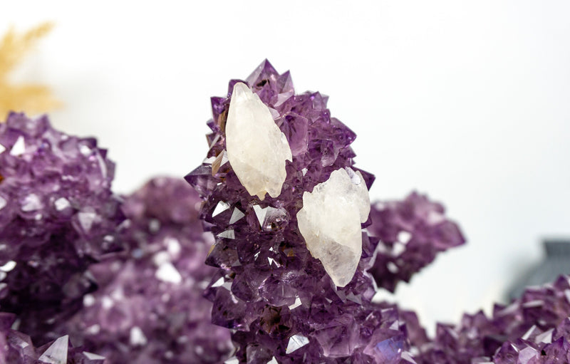 Amethyst-Stalaktitenformation mit großen, intakten, tiefvioletten Drusen- und Kalziteinschlüssen