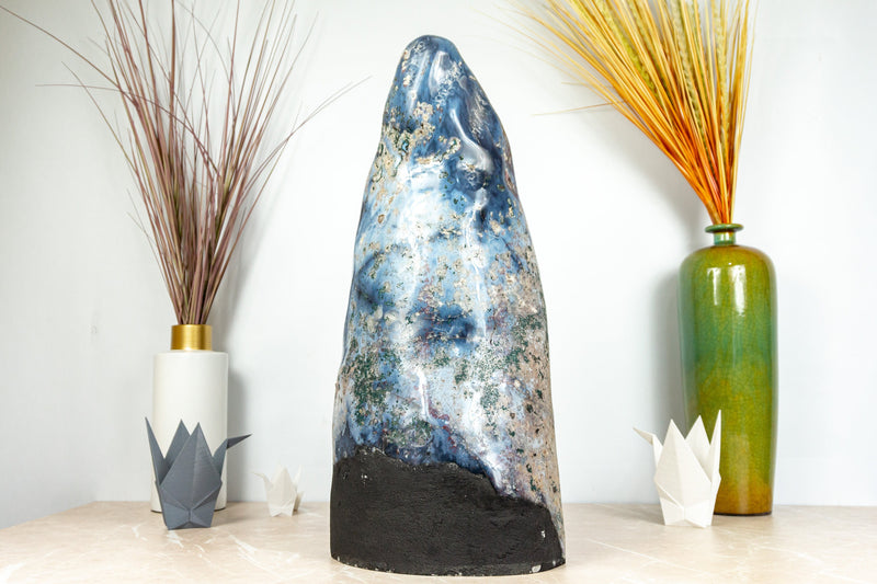 Rare White and Blue Lace Agate Geode with Golden Goethite and Galaxy Druzy