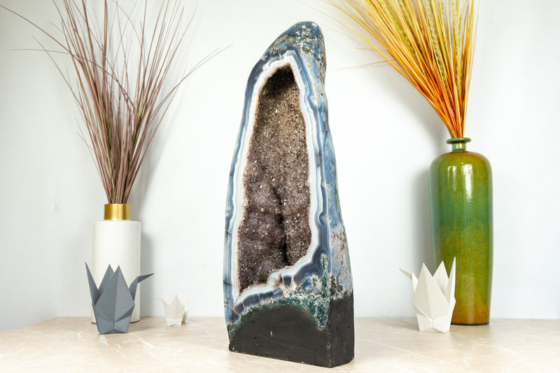 Rare White and Blue Lace Agate Geode with Golden Goethite and Galaxy Druzy