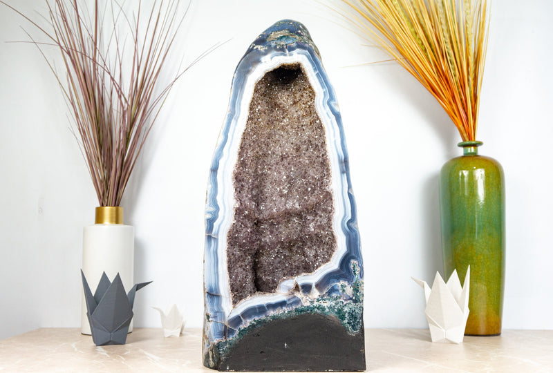 Rare White and Blue Lace Agate Geode with Golden Goethite and Galaxy Druzy