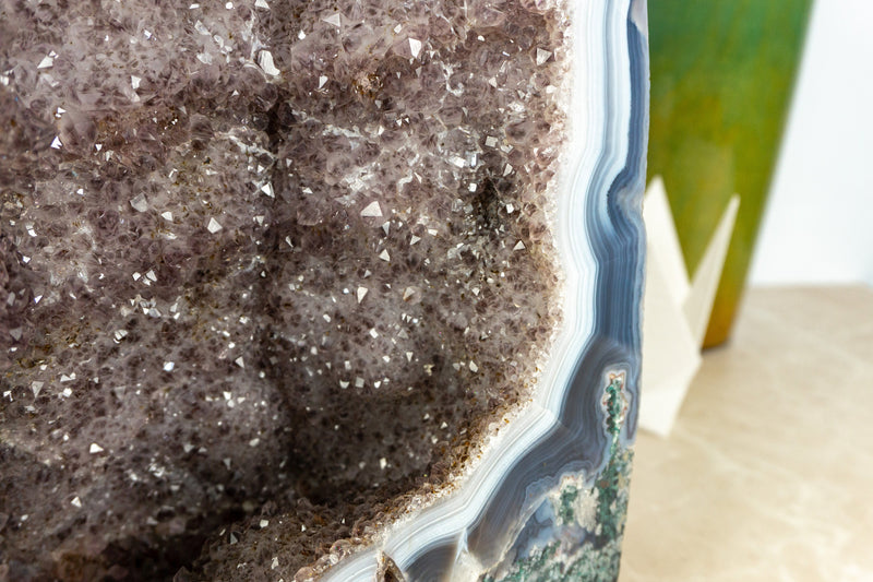 Rare White and Blue Lace Agate Geode with Golden Goethite and Galaxy Druzy