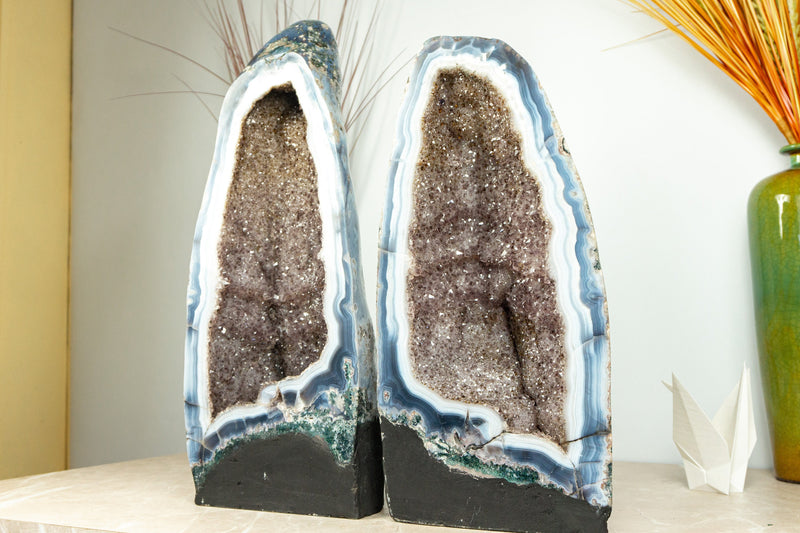 Pair of Rare White and Blue Lace Agate Geodes with Golden Goethite and Galaxy Druzy