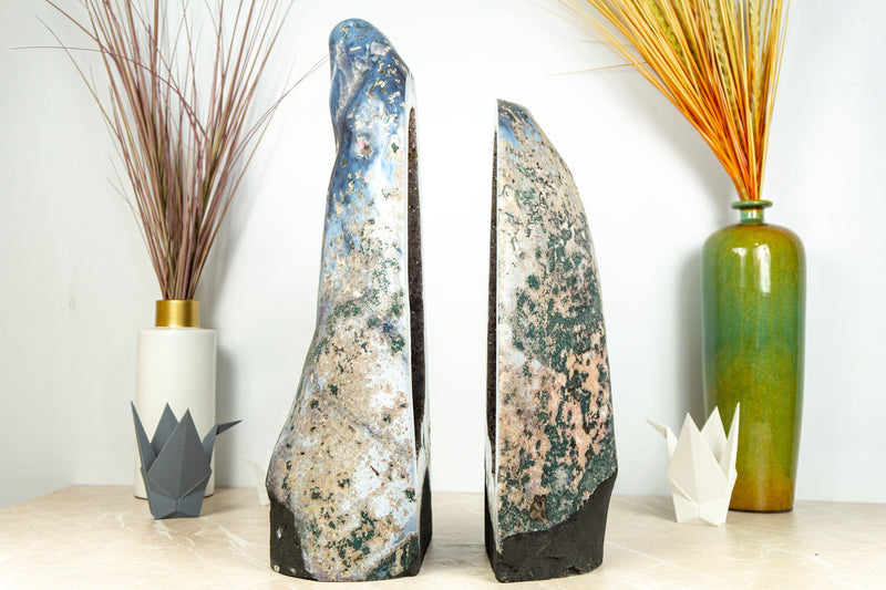 Pair of Rare White and Blue Lace Agate Geodes with Golden Goethite and Galaxy Druzy