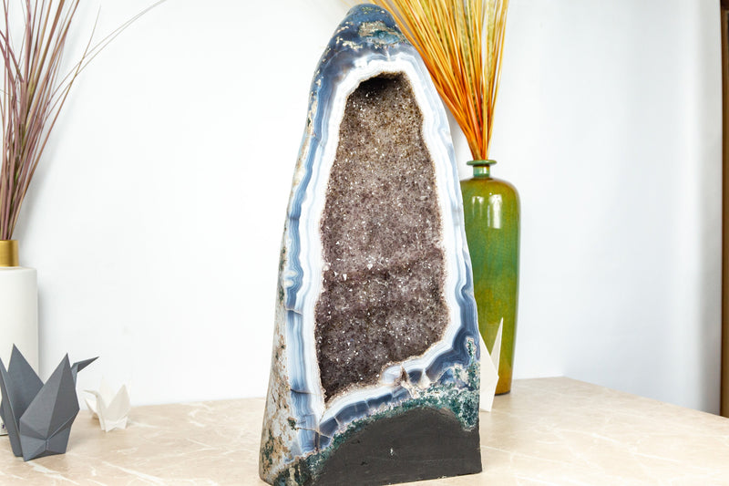 Pair of Rare White and Blue Lace Agate Geodes with Golden Goethite and Galaxy Druzy