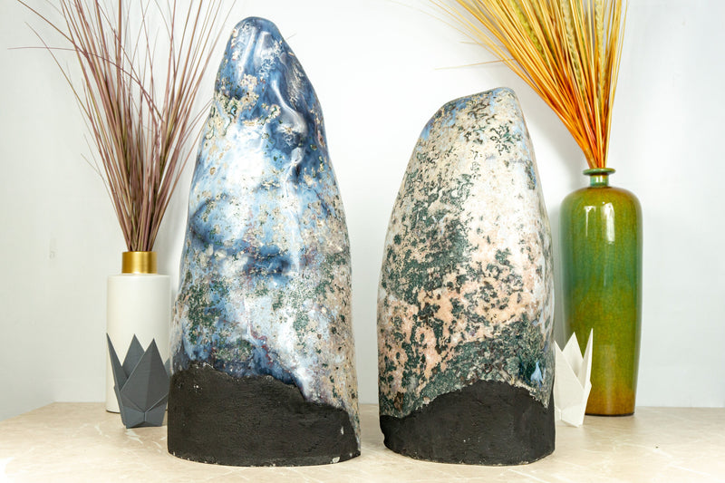 Pair of Rare White and Blue Lace Agate Geodes with Golden Goethite and Galaxy Druzy