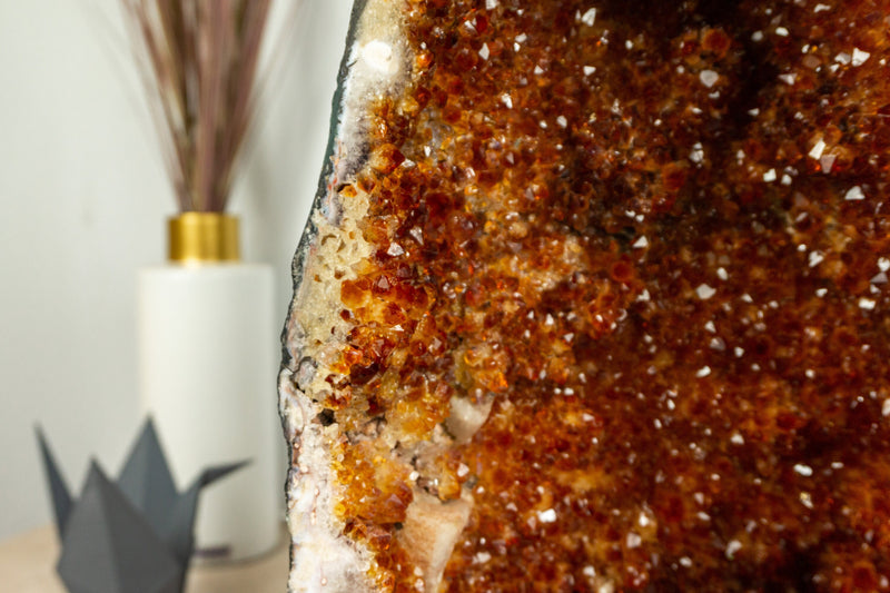 Fiery Orange Citrine Geode with many Rosette Flowers and Calcite Inclusions - E2D Crystals & Minerals
