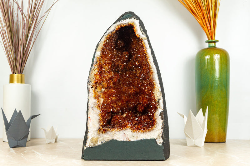 Fiery Orange Citrine Geode with many Rosette Flowers and Calcite Inclusions - E2D Crystals & Minerals