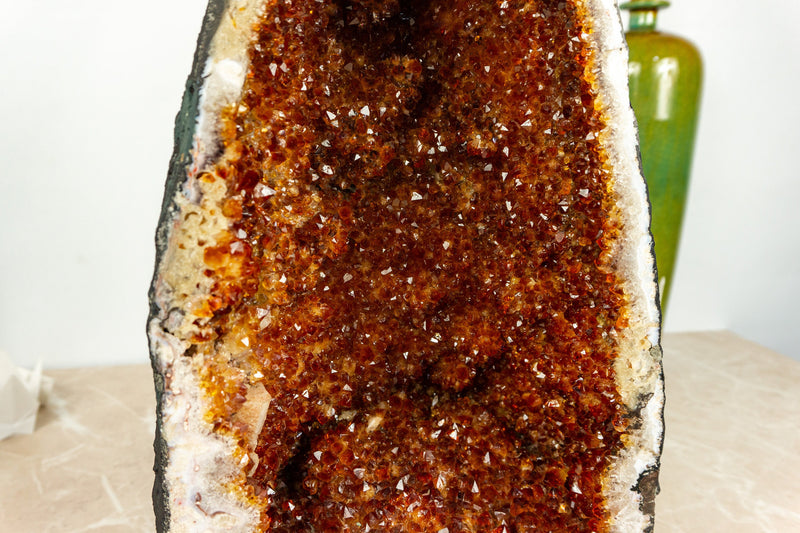 Fiery Orange Citrine Geode with many Rosette Flowers and Calcite Inclusions - E2D Crystals & Minerals