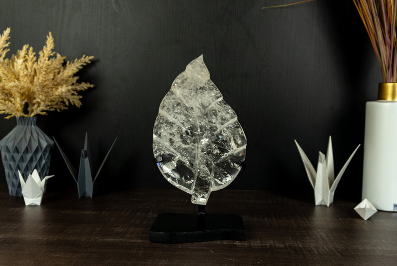 Genuine Diamantina Quartz Leaf, Hand Carved Crystal Art
