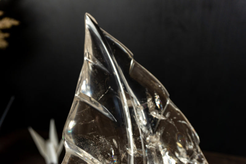 Leaf Sculpture on Natural Water-Clear Diamantina Crystal Quartz, 11.5In