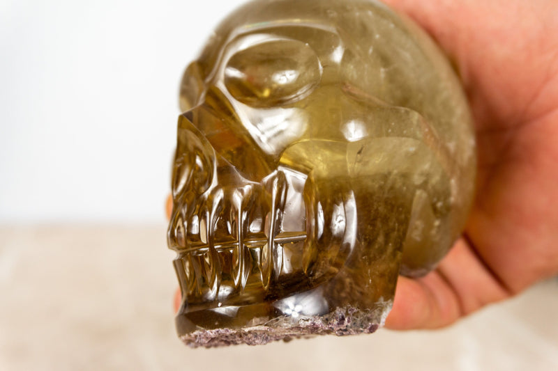 Natural Genuine Citrine Crystal Skull with Gem Green Tourmaline and Lodolite Inclusions