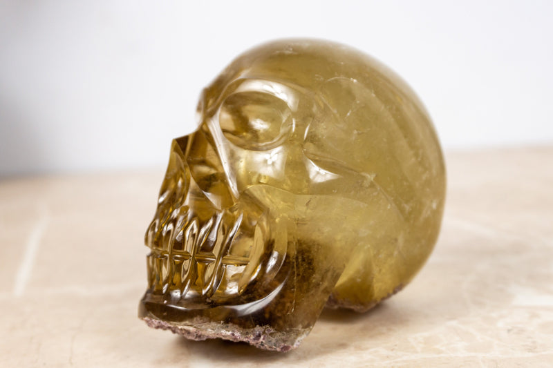 Natural Genuine Citrine Crystal Skull with Gem Green Tourmaline and Lodolite Inclusions