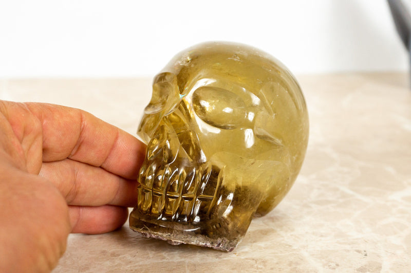 Natural Genuine Citrine Crystal Skull with Gem Green Tourmaline and Lodolite Inclusions