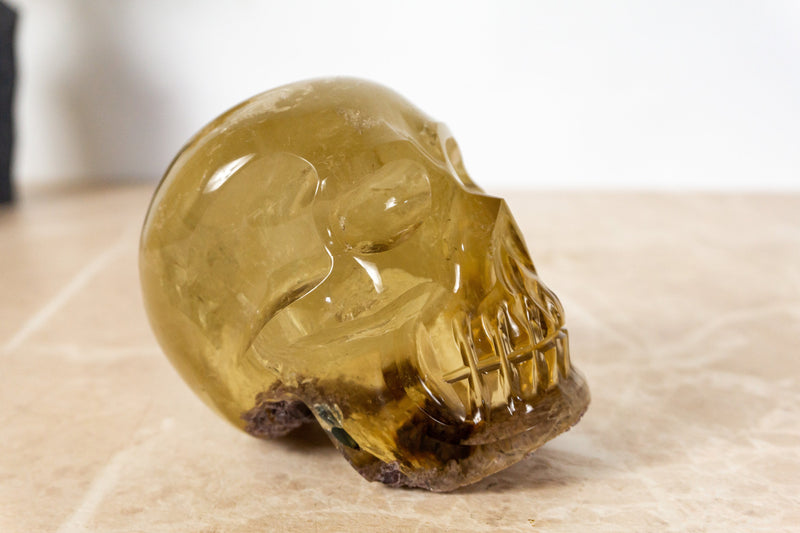 Natural Genuine Citrine Crystal Skull with Gem Green Tourmaline and Lodolite Inclusions
