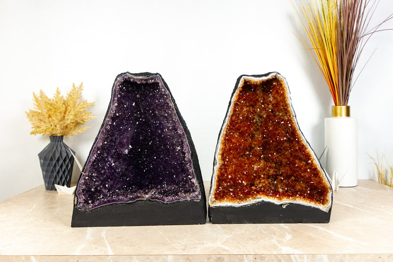 Pair of Amethyst and Citrine Geodes, Book Matching Amethyst and Citrine Cathedrals - 30.0 Kg - 66 lb - E2D Crystals & Minerals