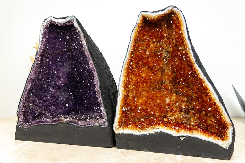 Pair of Amethyst and Citrine Geodes, Book Matching Amethyst and Citrine Cathedrals - 30.0 Kg - 66 lb - E2D Crystals & Minerals