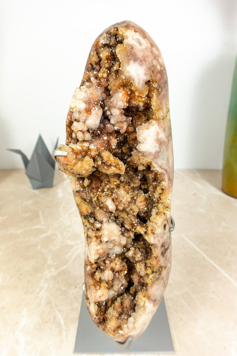 Tall Pink Amethyst with Druzy Crystal Geode on Stand