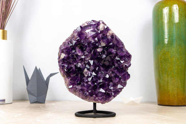 Dark Purple Amethyst Cluster with Large and Saturated Amethyst Druzy Points and Calcite