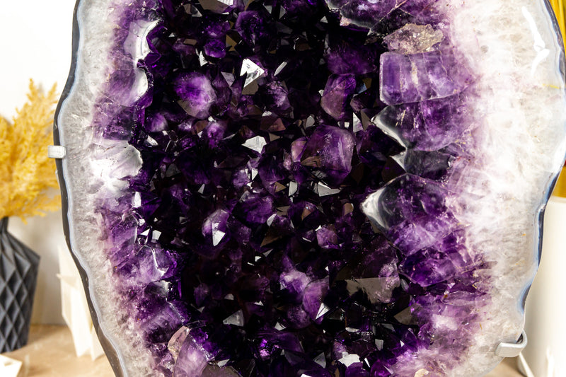 Spectacular Large Amethyst Geode on 360º Stand with Large Dark Purple Amethyst Druzy and Polished Borders