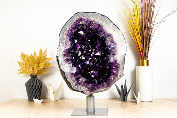 Spectacular Large Amethyst Geode on 360º Stand with Large Dark Purple Amethyst Druzy and Polished Borders