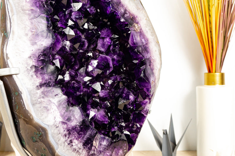 Spectacular Large Amethyst Geode on 360º Stand with Large Dark Purple Amethyst Druzy and Polished Borders