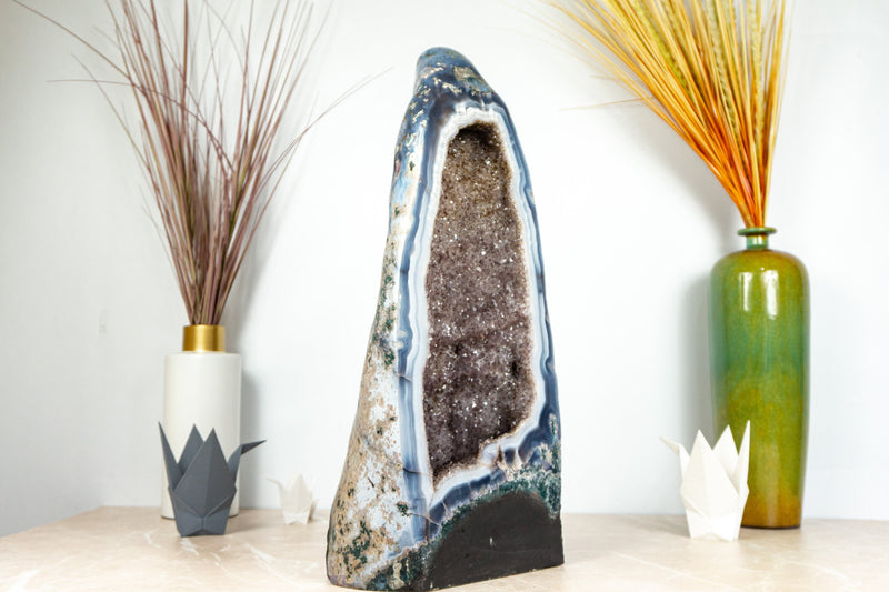 Rare White and Blue Lace Agate Geode with Golden Goethite and Galaxy Druzy