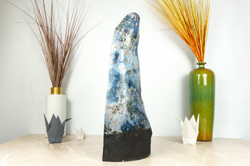 Rare White and Blue Lace Agate Geode with Golden Goethite and Galaxy Druzy