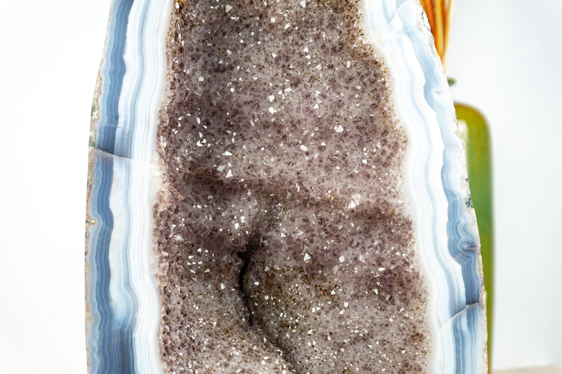 Blue and White Lace Agate Cathedral Geode, with Golden Goethite Galaxy Druzy