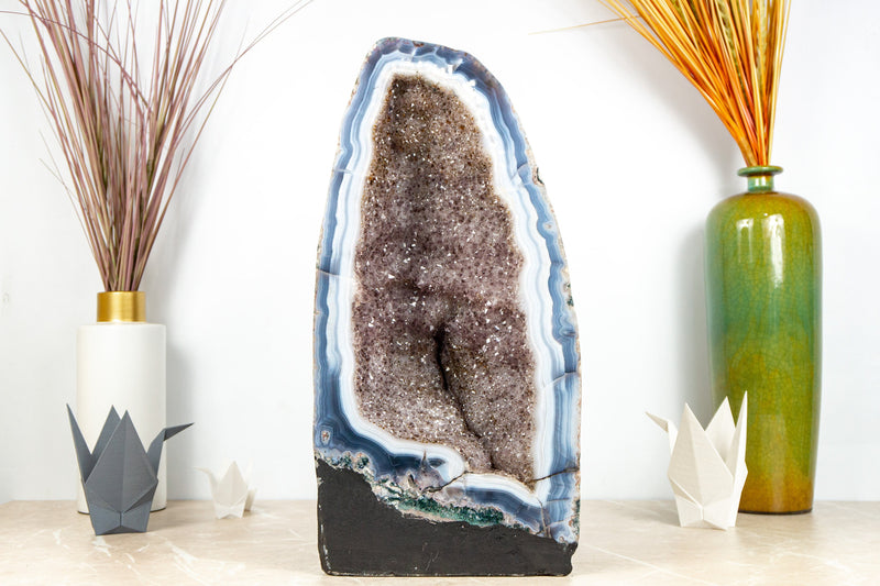 Pair of Rare White and Blue Lace Agate Geodes with Golden Goethite and Galaxy Druzy