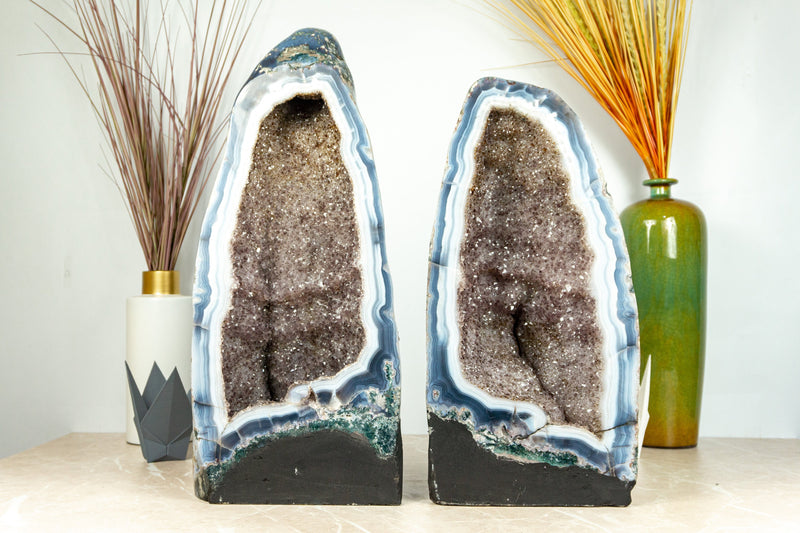 Pair of Rare White and Blue Lace Agate Geodes with Golden Goethite and Galaxy Druzy