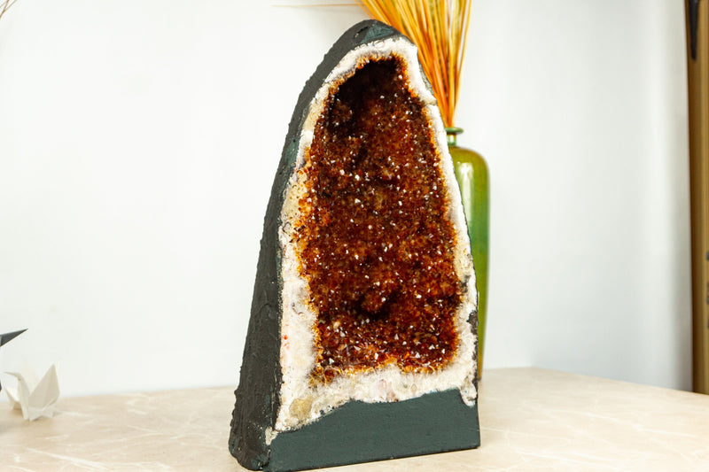Fiery Orange Citrine Geode with many Rosette Flowers and Calcite Inclusions - E2D Crystals & Minerals