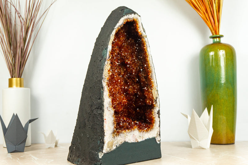 Fiery Orange Citrine Geode with many Rosette Flowers and Calcite Inclusions - E2D Crystals & Minerals