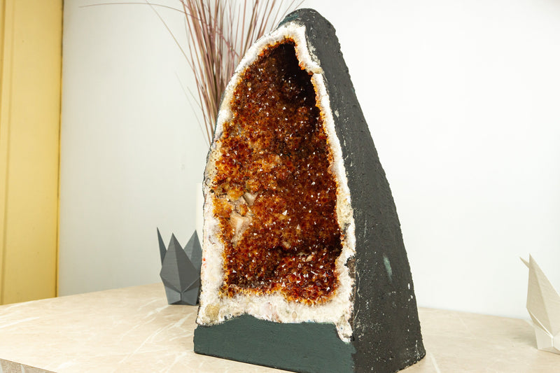 Fiery Orange Citrine Geode with many Rosette Flowers and Calcite Inclusions - E2D Crystals & Minerals