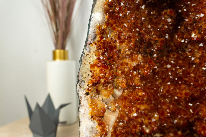Fiery Orange Citrine Geode with many Rosette Flowers and Calcite Inclusions - E2D Crystals & Minerals