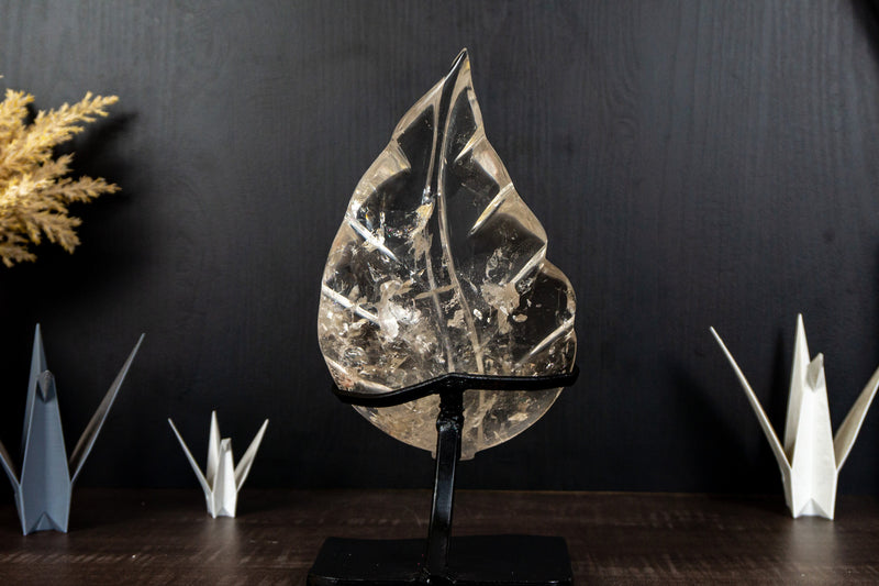 Leaf Sculpture on Natural Water-Clear Diamantina Crystal Quartz, 11.5In