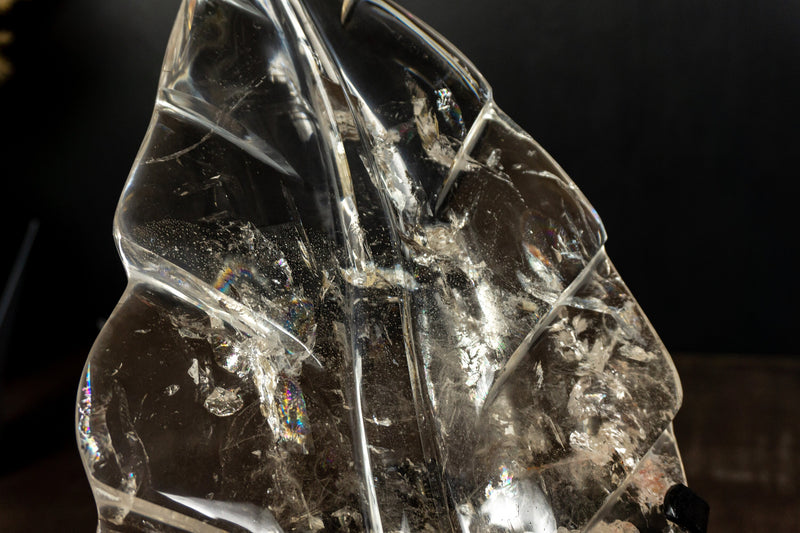 Leaf Sculpture on Natural Water-Clear Diamantina Crystal Quartz, 11.5In