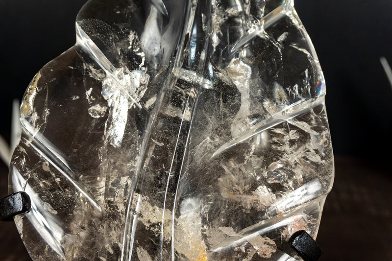Leaf Sculpture on Natural Water-Clear Diamantina Crystal Quartz, 11.5In