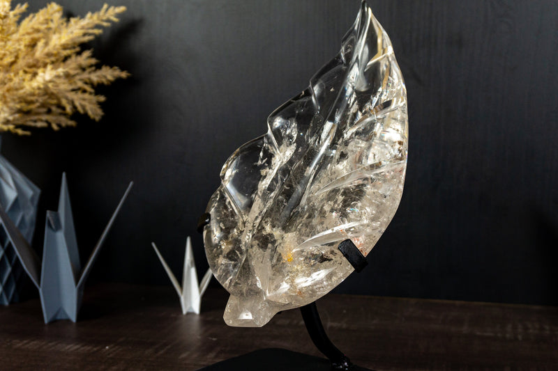 Leaf Sculpture on Natural Water-Clear Diamantina Crystal Quartz, 11.5In