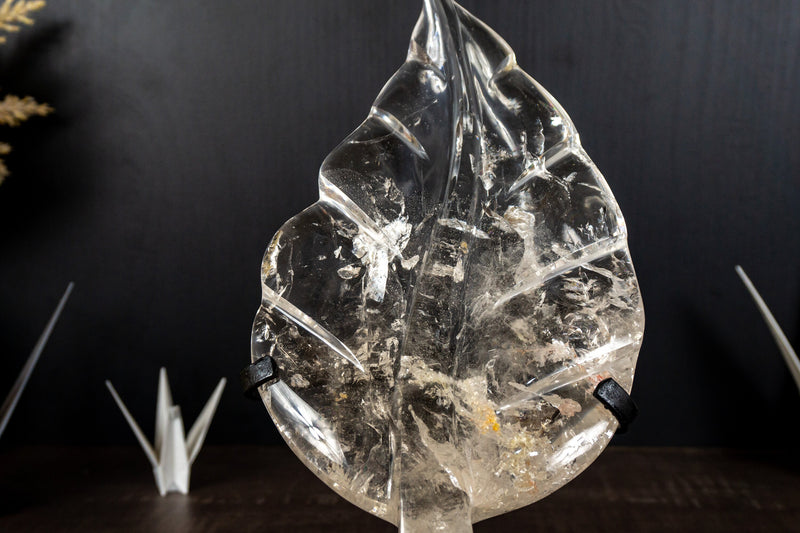 Leaf Sculpture on Natural Water-Clear Diamantina Crystal Quartz, 11.5In