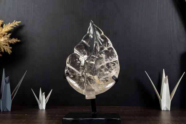 Leaf Sculpture on Natural Water-Clear Diamantina Crystal Quartz, 11.5In