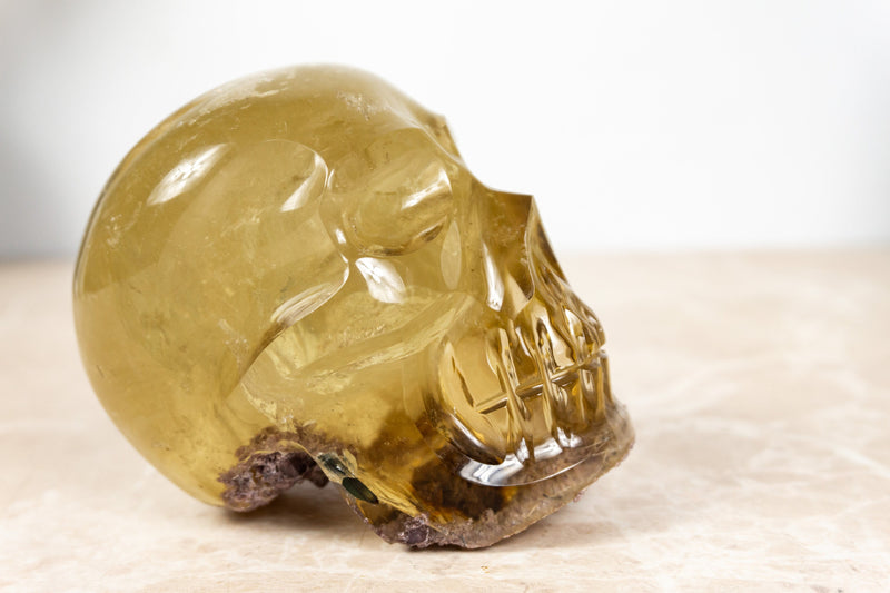 Natural Genuine Citrine Crystal Skull with Gem Green Tourmaline and Lodolite Inclusions
