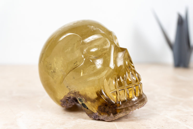 Natural Genuine Citrine Crystal Skull with Gem Green Tourmaline and Lodolite Inclusions