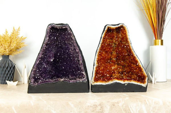 Pair of Amethyst and Citrine Geodes, Book Matching Amethyst and Citrine Cathedrals - 30.0 Kg - 66 lb - E2D Crystals & Minerals