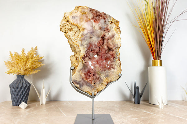 Double-Sided Pink Amethyst Geode with AAA Pink Amethyst Druzy on Stand